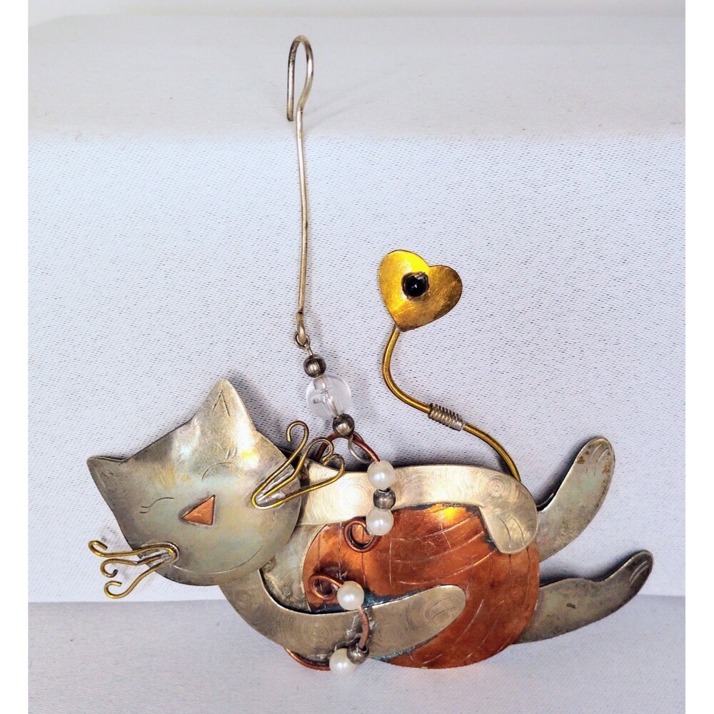 Vintage Hanging Cat Copper Silver Metal Two Tone Ornament Hanging Yarn